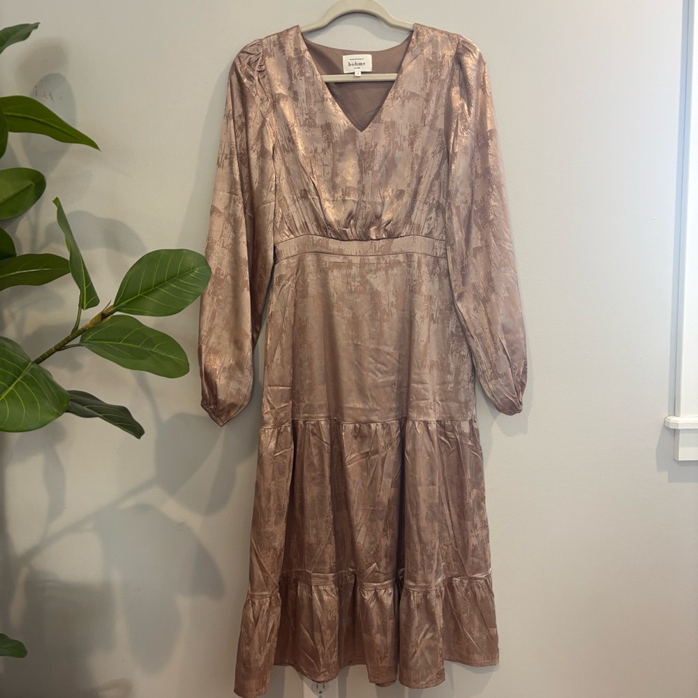 Bohme Champagne Metallic Shimmer Midi Dress Size Small